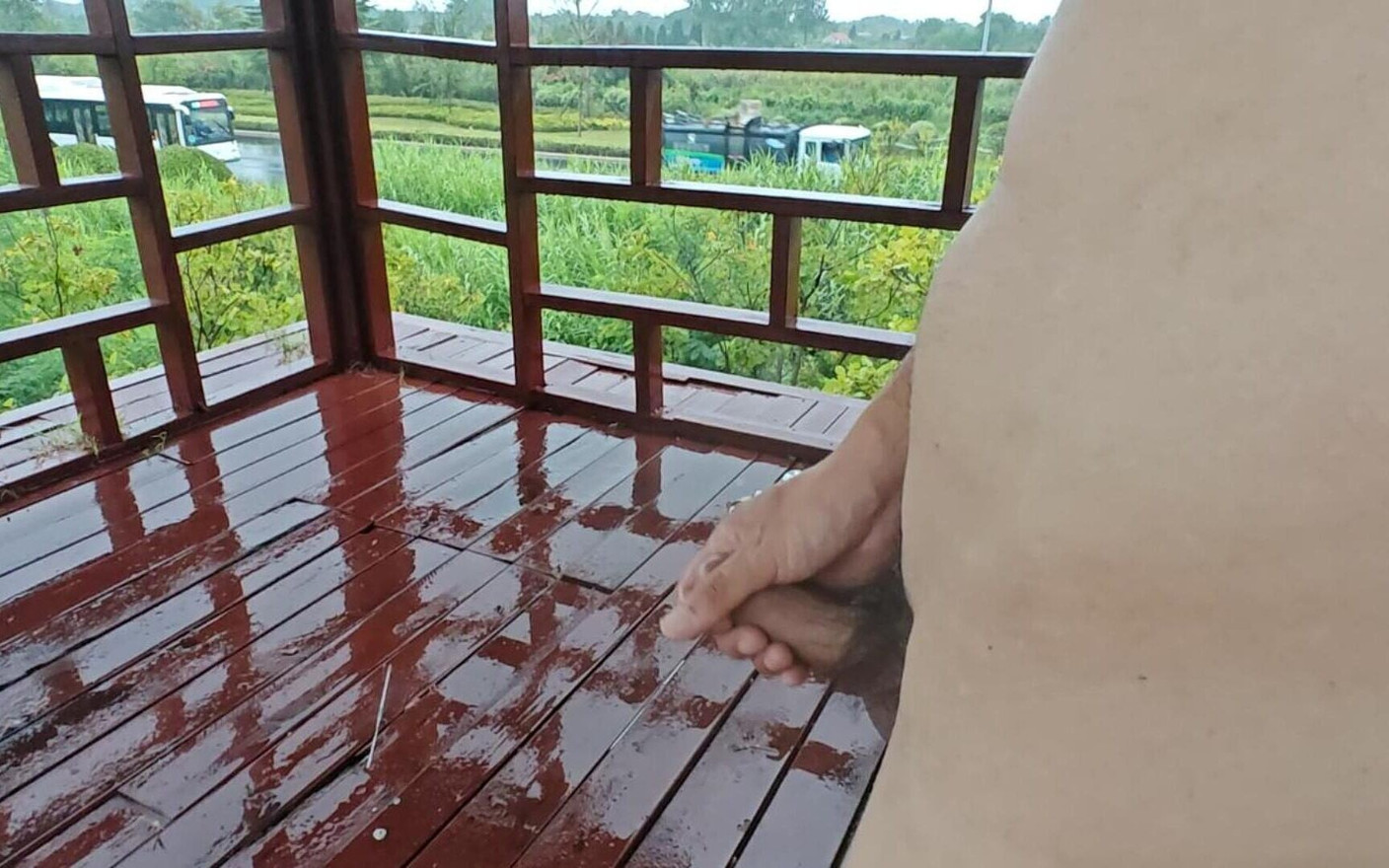 Andando nua na chuva, se masturbando publicamente em um pavilhão à beira da estrada