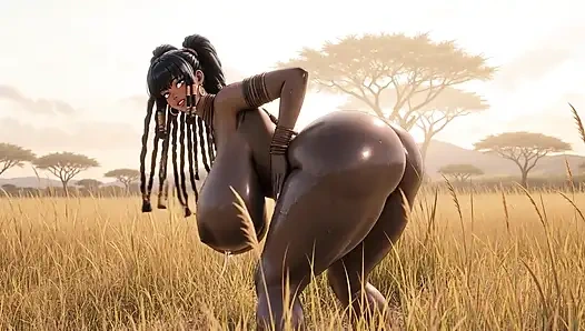 Dewi Afrika ebony menggairahkan tertutup lumpur savana menyemprotkan susu dari adegan matahari terbenam erotis payudara besar