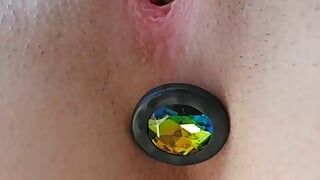 Wet pussy closeup anal plug passionate orgasm