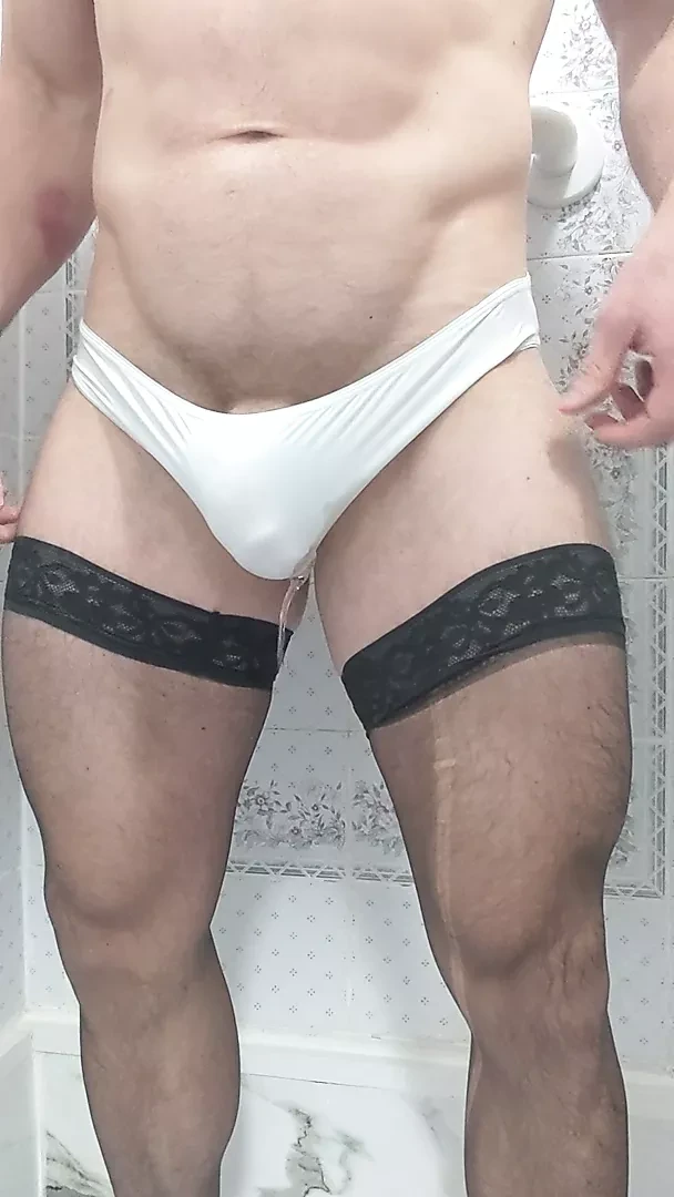 Pissing white silky panties in stockings