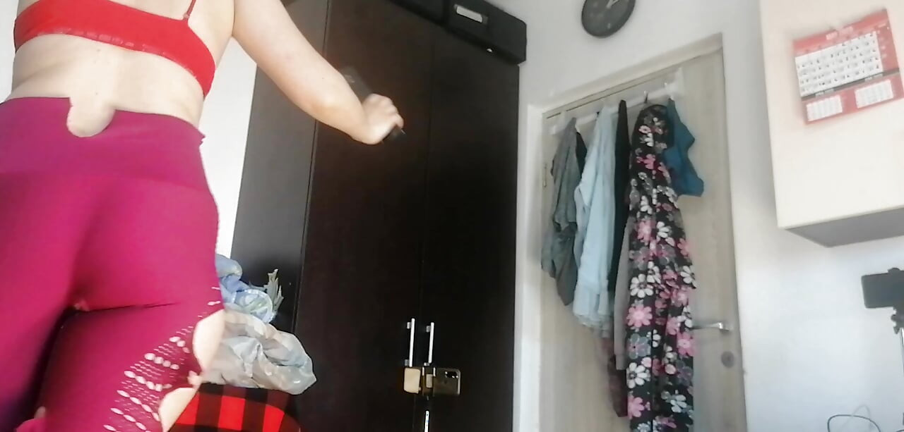 Amateur wife has fun trying on clothes and cutting them. Amateur wife sucking naked in the house