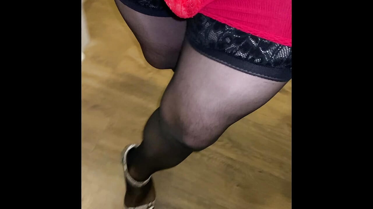 Mom Crossdresser Madison dressing in sexy outfits with thigh high hose stockings and heels and walks around showing off teasing