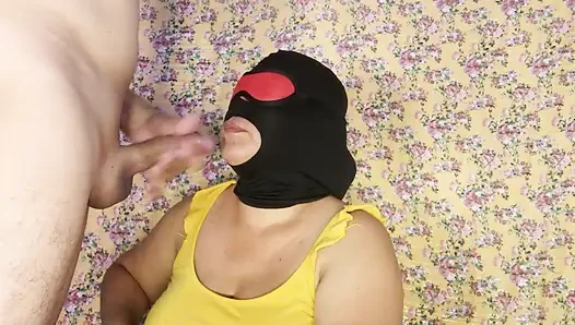 Beautiful mature masked woman giving delicious deep throat blowjob