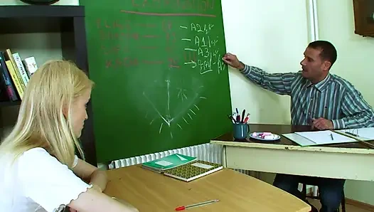 Skinny girl sucks teachers massive cock then gets it into her cunt