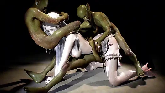 3D возбужденная шлюшка занимается групповом сексом с монстрами с большим хуем