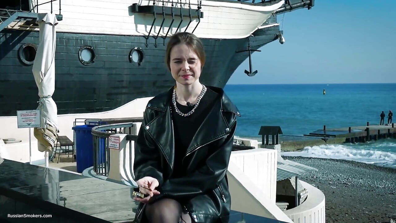 Young Russian Woman Smoking Cigarette Outdoor Terrace