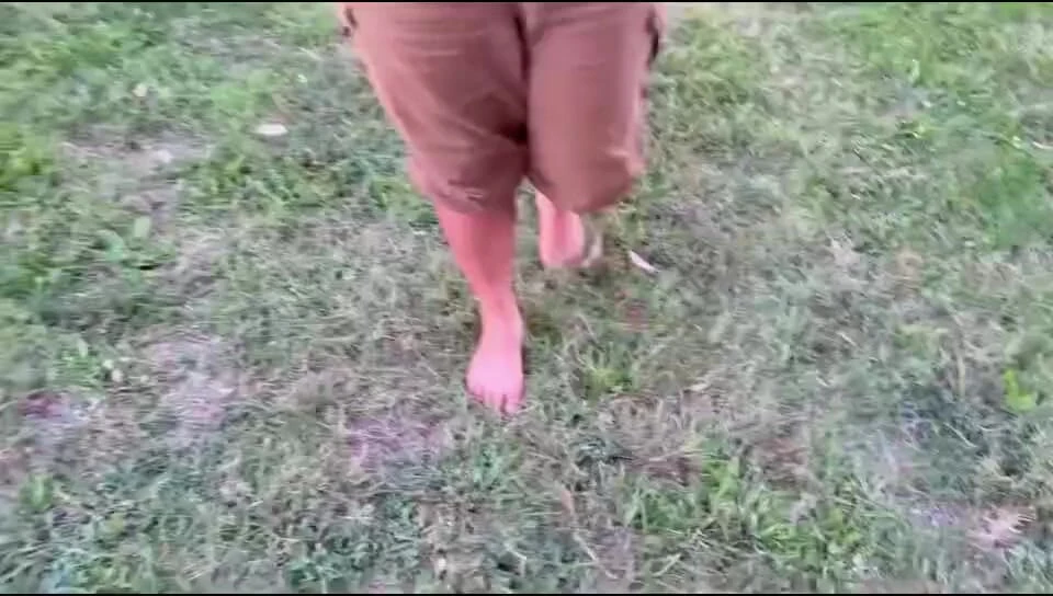 Ebony Foot Goddess Walking on Grass