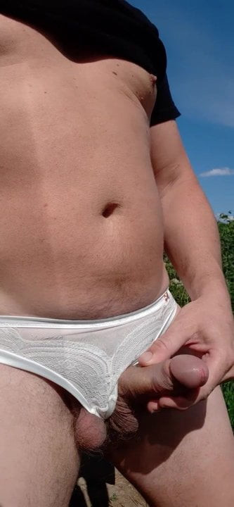 Wanking outside in panties