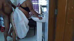 Naked Student came and fucked Indian college female teacher while fixing saree in washroom - huge ass fuck