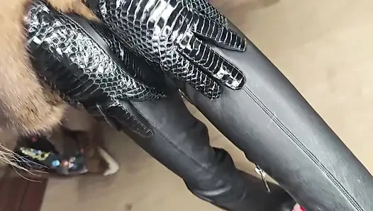 Furjob, Lipjob, Bootjob and Hairjob From Sexy Bimbo in a Sable Fur Coat, Cum on Leather Gloves