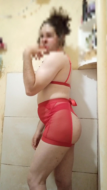 Captivating moment from "Boy wearing sexy red women's lingerie"
