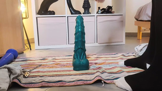 Caged Sissy fucked ballsdeep by huge dildo ( Mr Hankey's Seahorse Large )