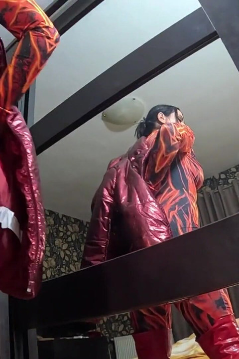 Red Nylon Jumpsuit Fetish - Cameltoe Tease, Deep Blowjob and Cum on My Downjacket