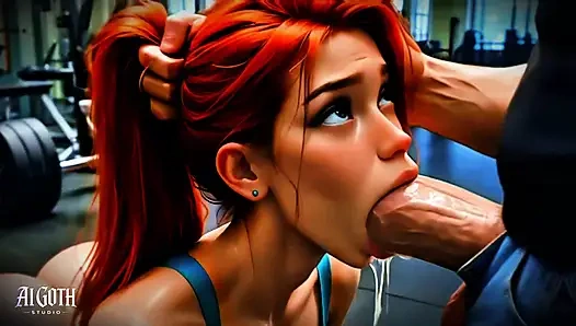 Verschwitzte rothaarige schlampe: hardcore-fitnessstudio-sex & kehlenfick-training (4K AI)