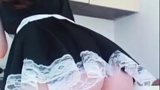 Cute maid masturbates her wet pussy before work