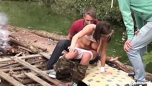 Busty Teen Gets Spit Roasted Outdoors