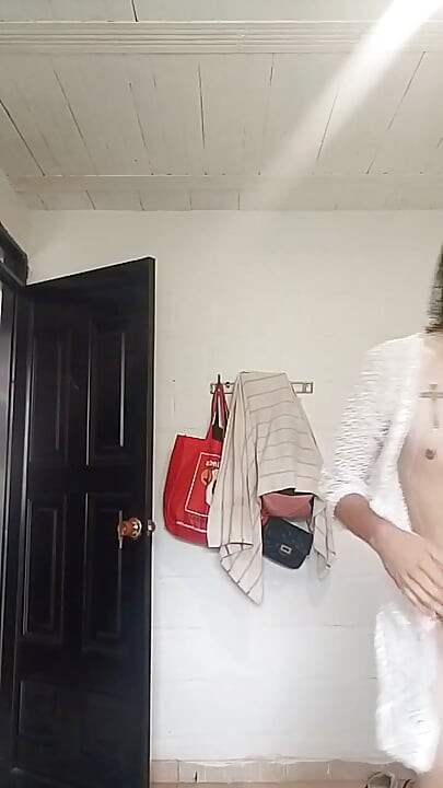 Beautiful Femboy Walks Around His House Naked and Hairless, Playing with His Cock and Masturbating His Anus