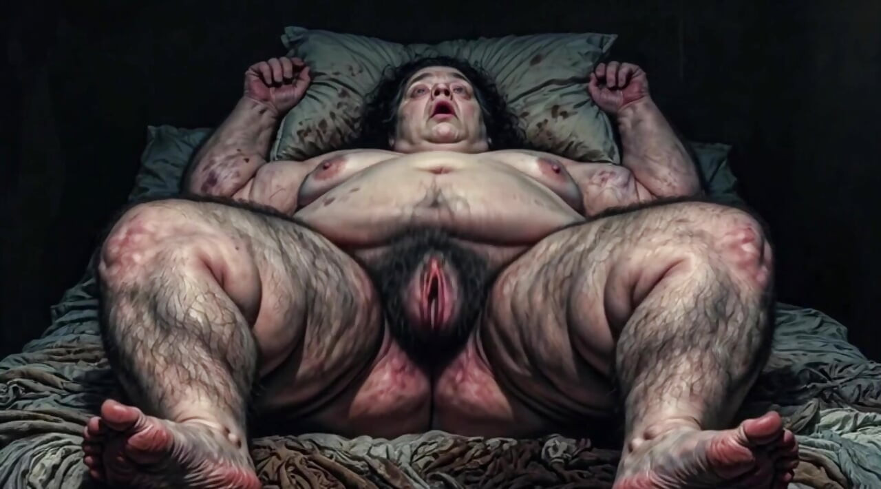 SSBBW very fat woman having an orgasm with her hairy, wet pussy.