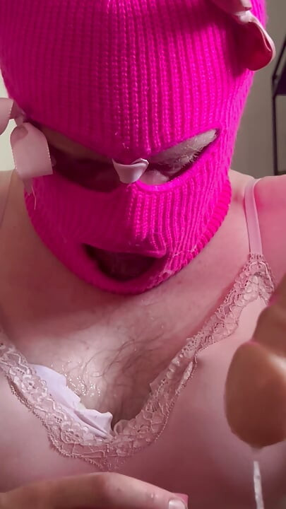FIRST VIDEO - Crossdresser deepthroats double dildo she gags and drools a lot