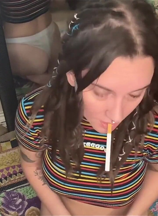 Horny Brunette Smoking and Riding Dildo