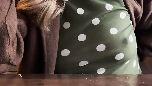 Teasing people with my nipples in a sheer blouse in a restaurant having dinner