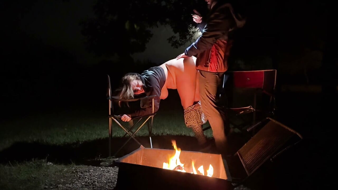 Wife caught masturbating in public restroom, then fucked by the campfire