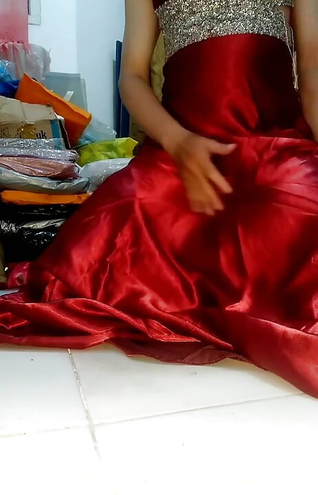 Pulsating Cum Into Red Satin Long Gown