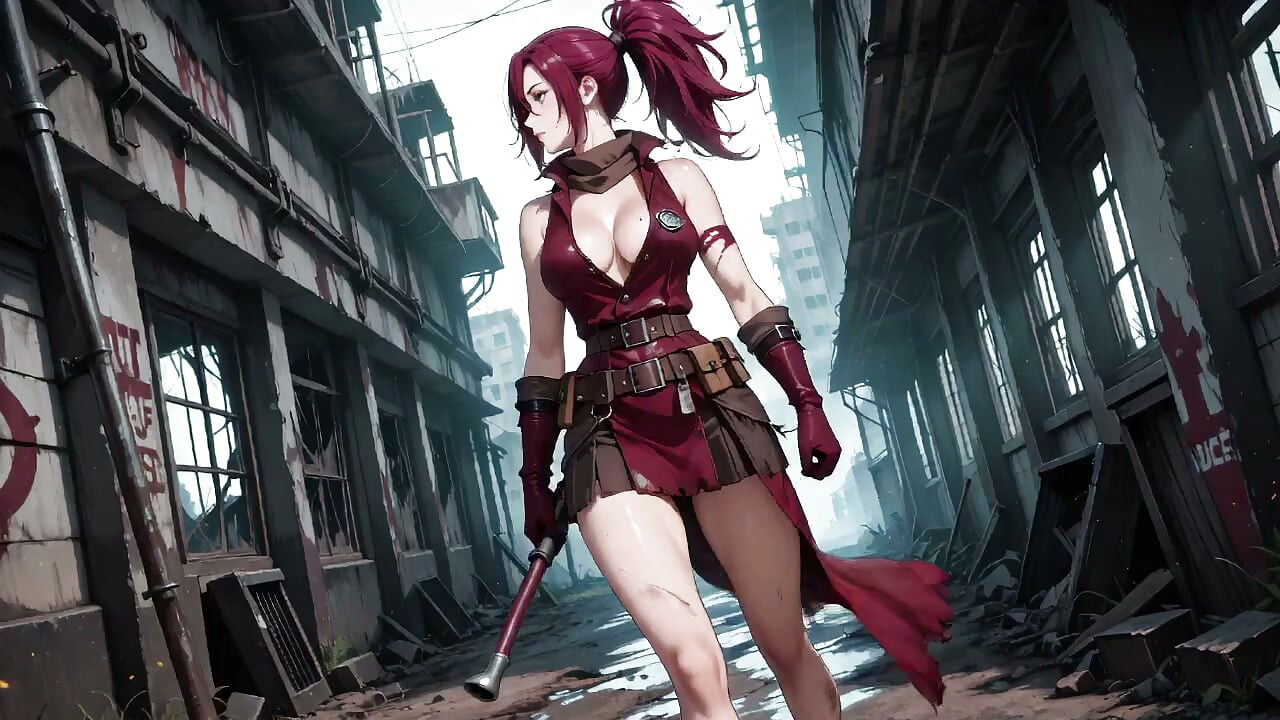 Guerreira ruiva nas ruínas! Encontro proibido no deserto industrial, o fato de combate justo encharcado e olhos enevoados.