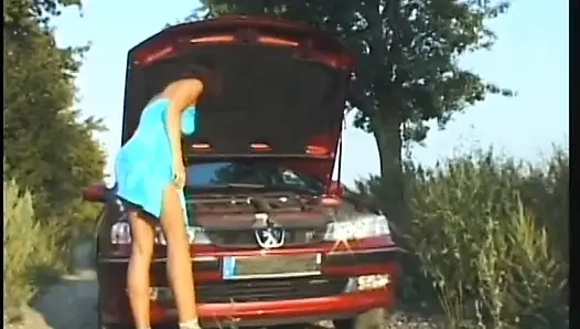 Hot chick with a nice ass fucks a hot cock on car bonnet roadside