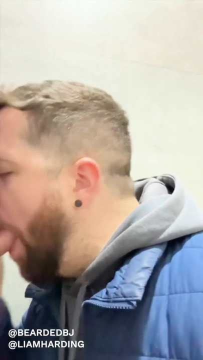 hot daddy with big cock gets sucked in public bathroom by sexy bear | Clip 1