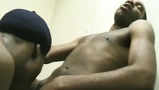 Muscular Black Men Oral Session in Cluttered Room