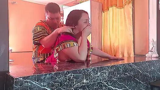 Stepson fucks his Indian stepmom hard in the kitchen standing up - Big tits bouncing non-stop