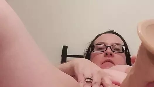 Wife with shaven pussy taking 12 inch Dildo