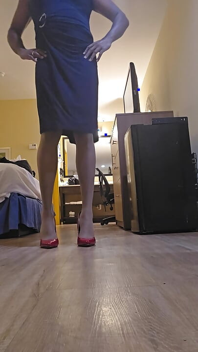 New blue dress with red pumps