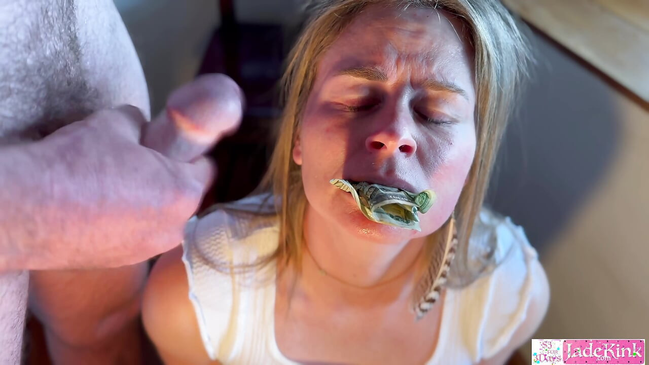 Pretty slut stuffing her pussy with money, blowjob and facial