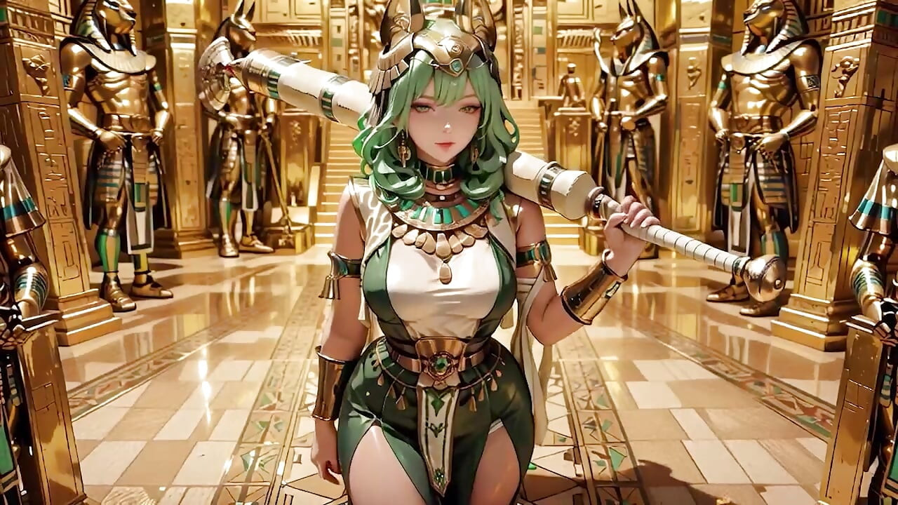 Green-Haired Egyptian Queen! Kneeling in the Golden Hall, guarded by Sphinxes.
