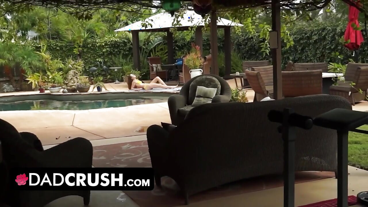 DadCrush - Sexy fit babe lets her stepdad move her panties and finger fuck her outdoors by the pool