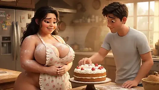 Curvy Latina bakes naked under tiny apron while her young stepson watches every move (AI generated)