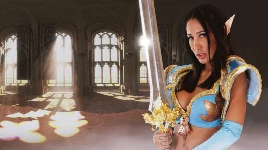 Paladin miang menunggang zakar dalam seks permainan video VR