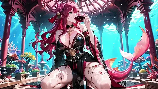 Red-haired Mermaid in Black Gown! Kneeling by the Pool, Lips & Mesmerizing Eyes.
