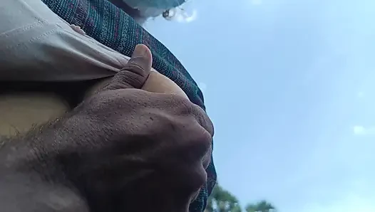 Step brother enjoying housewife breast squeeze in outdoor forest side