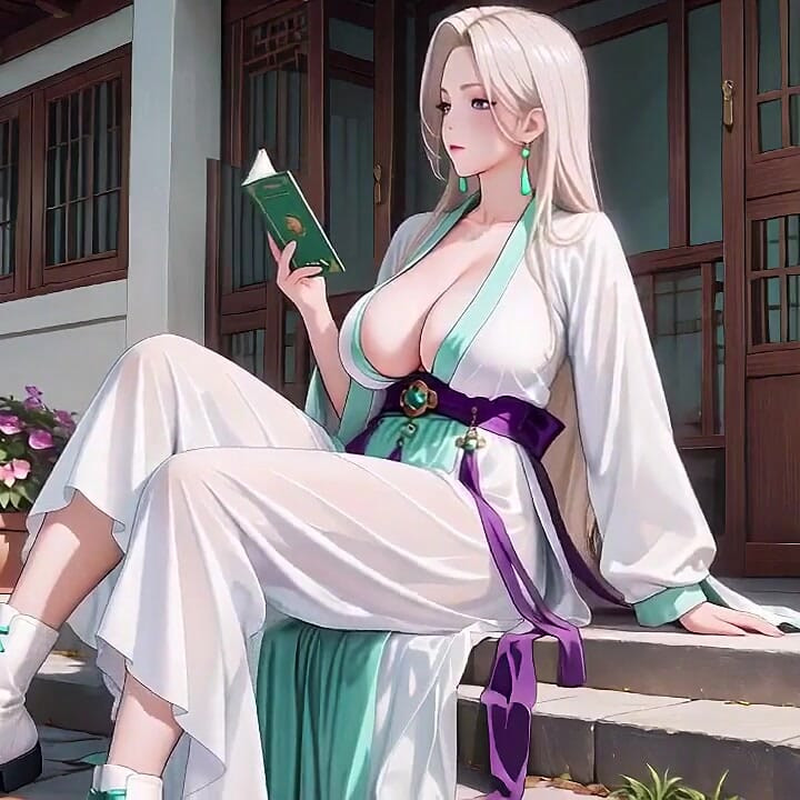 White Kimono Maid! Kneeling in the Japanese Corridor, High Slit Revealing Wet Thighs Under the Sun.