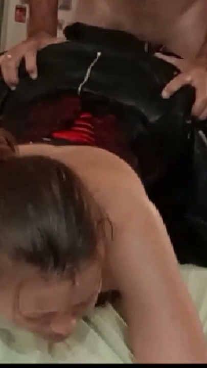 076 - French Amateur, Black Leather mini Skirt, Red and Black Lace Corset, Heels and Fishnet, Facial Cumshot | Clip 2