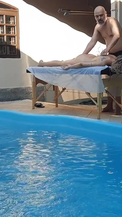 Key moment from "Massage in the pool. The therapist couldn't hold back and made her cum in his mouth."
