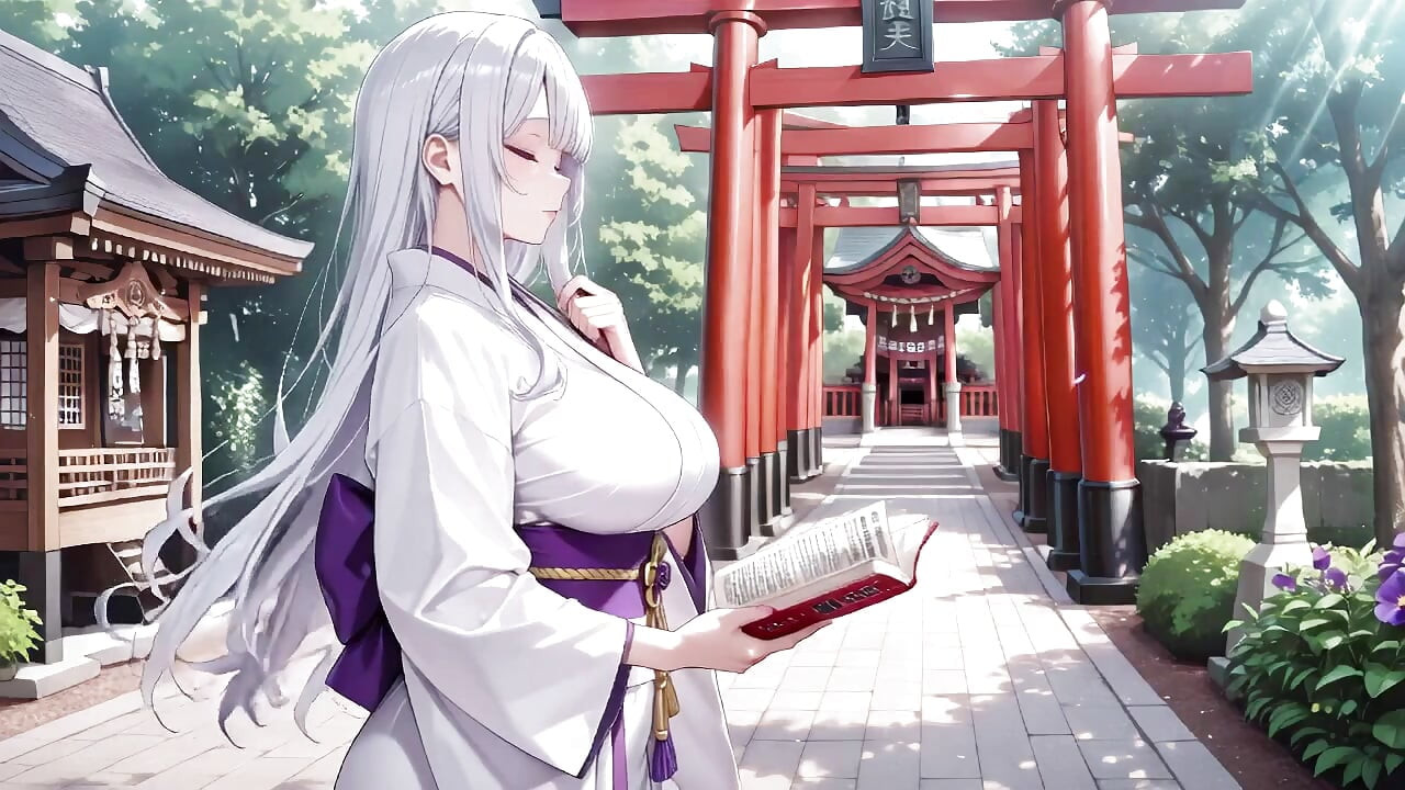 Silver-haired Miko Shrine Secrets! Half-unbuttoned White Kimono, Kneeling Poses and Intense Eye Contact.