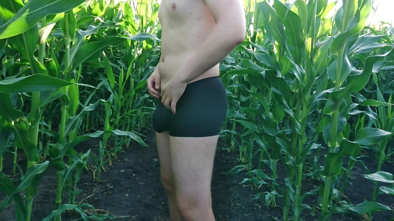 Guy Strips to Underwear in Cornfield and Jerks Off