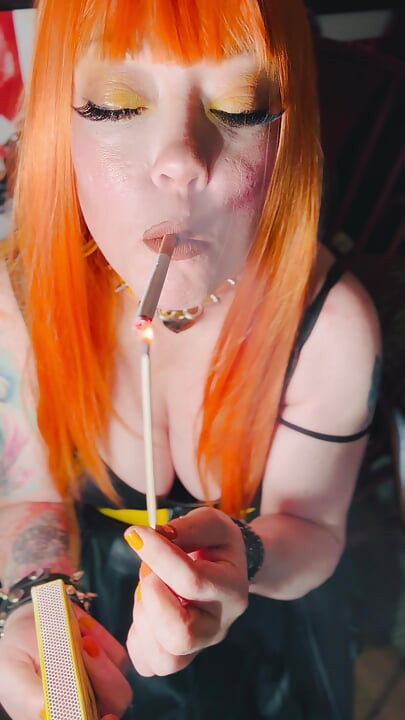 Hot Ginger Beauty, Tina Snua, Smoking A Cigarette In A Leather Dress - Snap Inhales OMI OME Drifting Cough