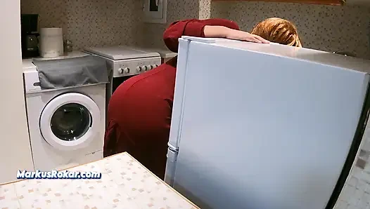 Stepmom in Kitchen Said No Sex! - Allows Stepson Only Jerking off & Cumshot on Her Fat Ass