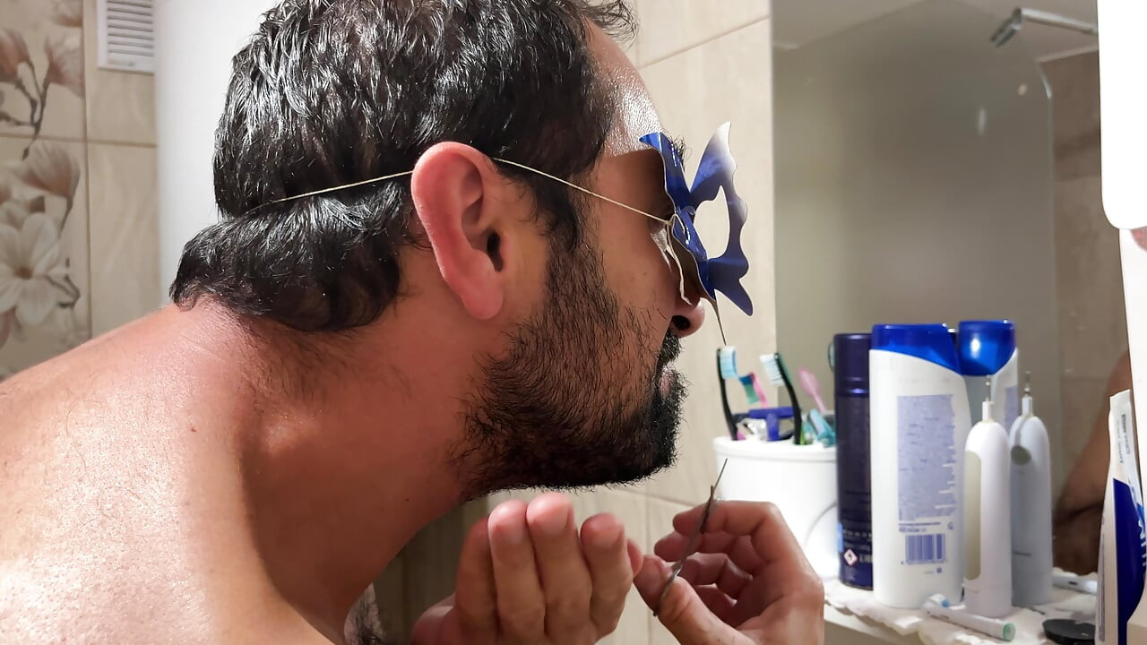 Grooming Routine Earl Smile Trimming Beard With Scissors In Bathroom