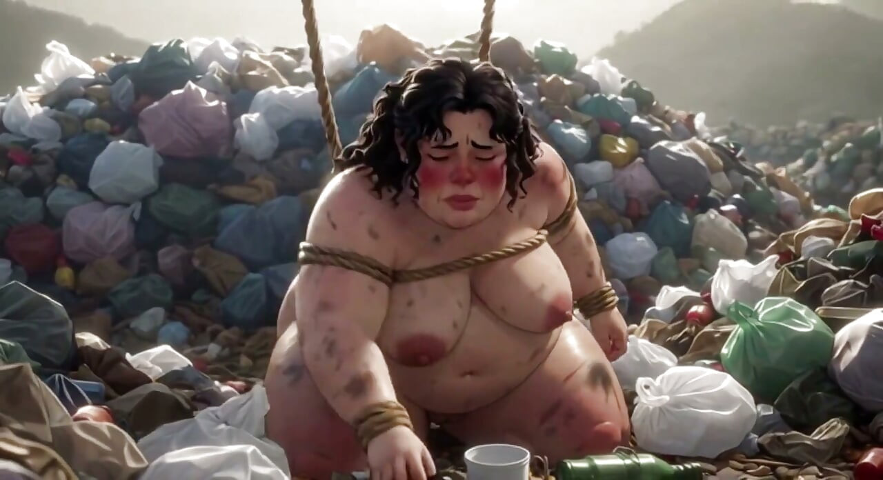Dirty SSBBW Tied up in Trash Eating Food - Filthy Feeding Session